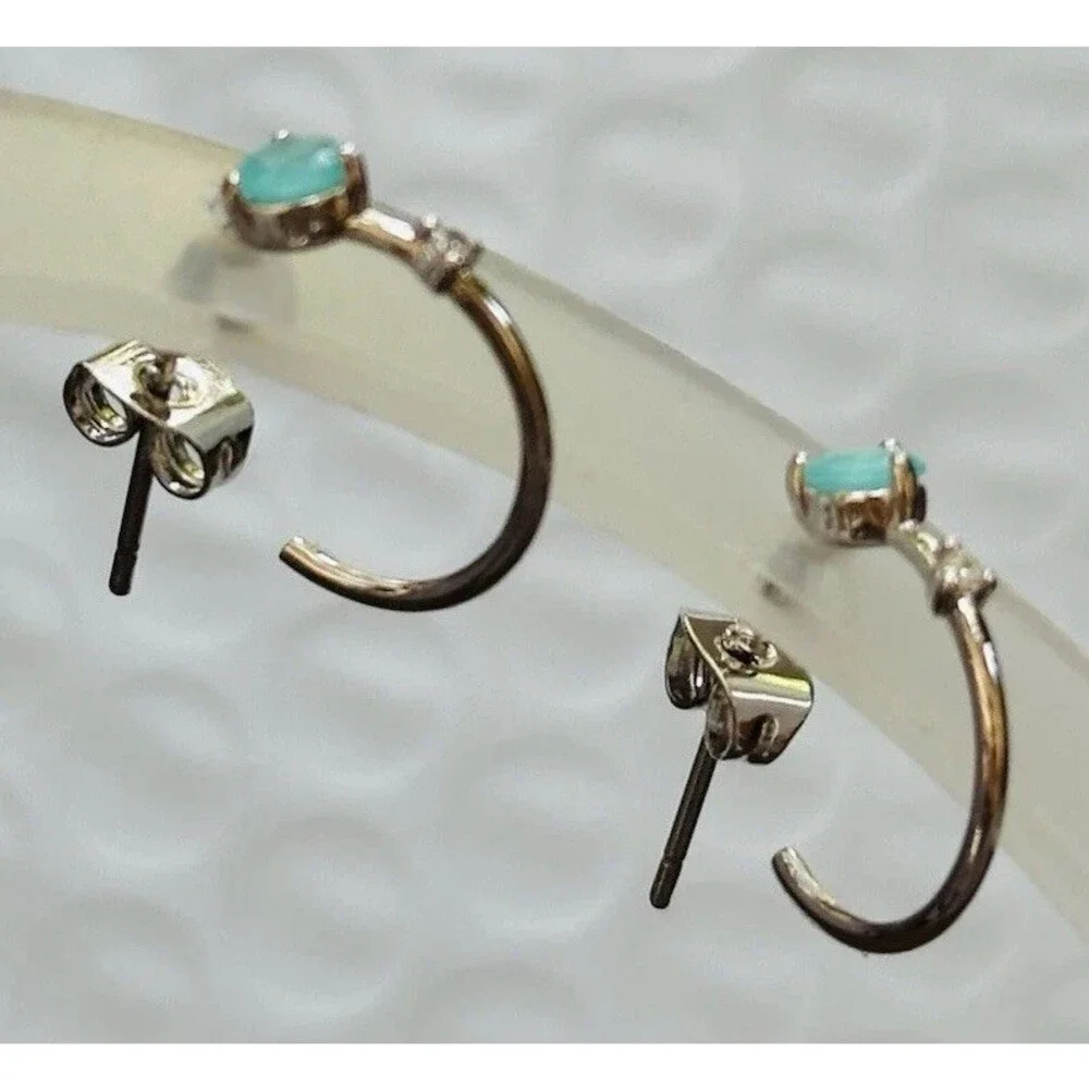Bomb Party Aqua Blue Faceted Stone Open Hoop Stud Earrings Rhodium Plated